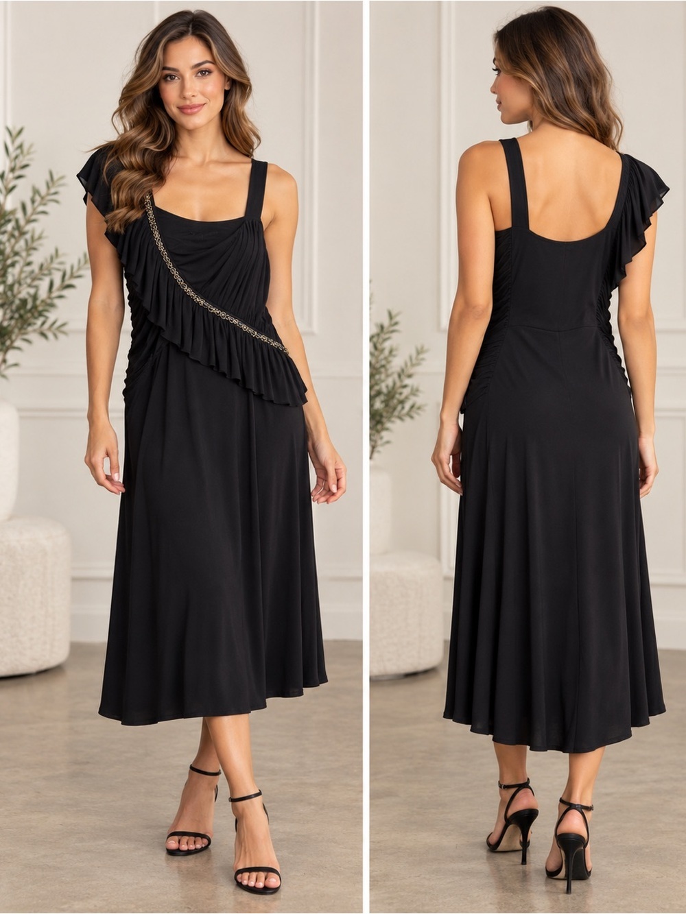 Rove & Love Black One Shoulder Ruffle Gold Chain Midi Dress Size M